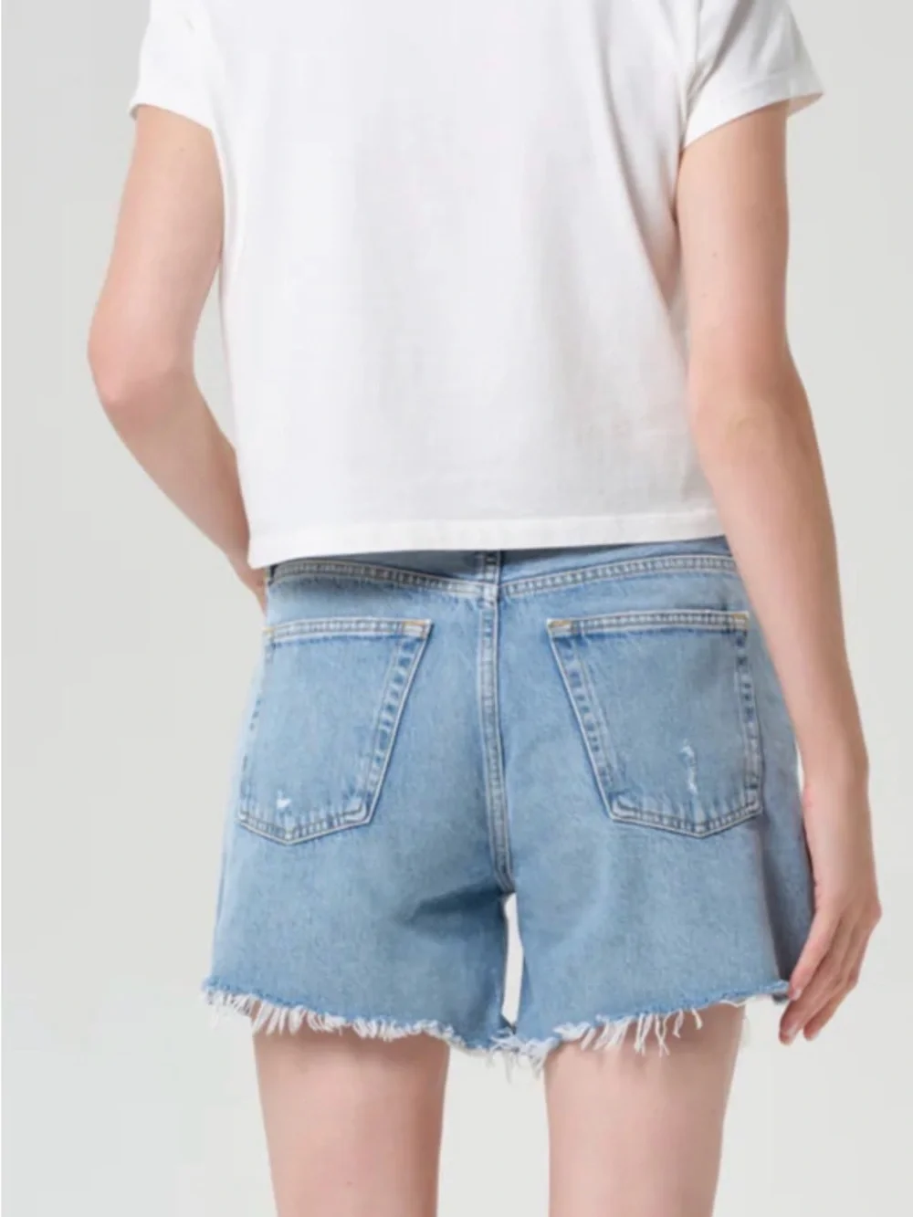 NWT Agolde Parker Long Swapmeet Light Blue Distressed Denim Cutoff Shorts SZ 27 - Picture 6 of 16